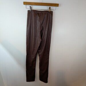 NWT Pretty Little Thing Chocolate Faux Leather Split Hem Trousers, Sz 4